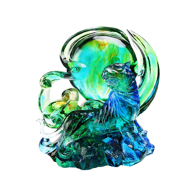 Mavi-yeşil şeffaf kristal cam kaplan süsleri