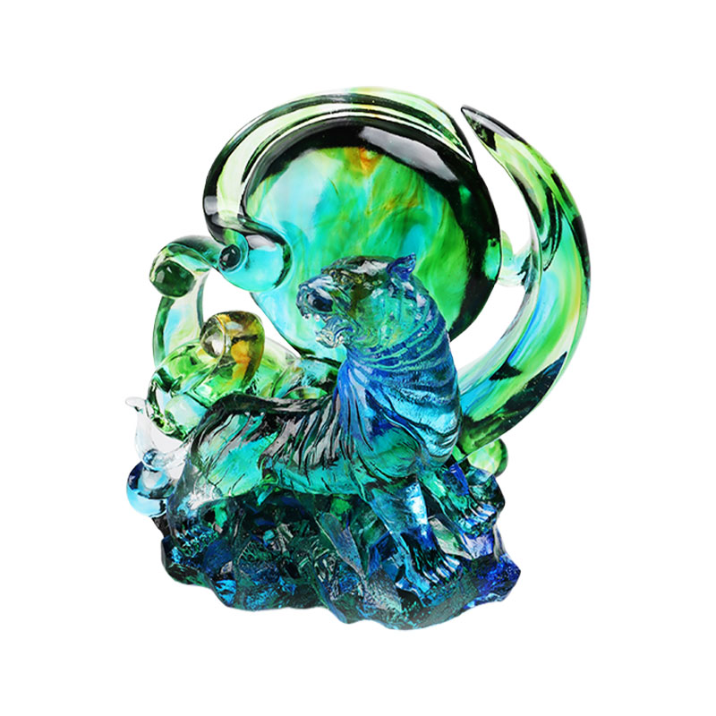 Mavi-yeşil şeffaf kristal cam kaplan süsleri