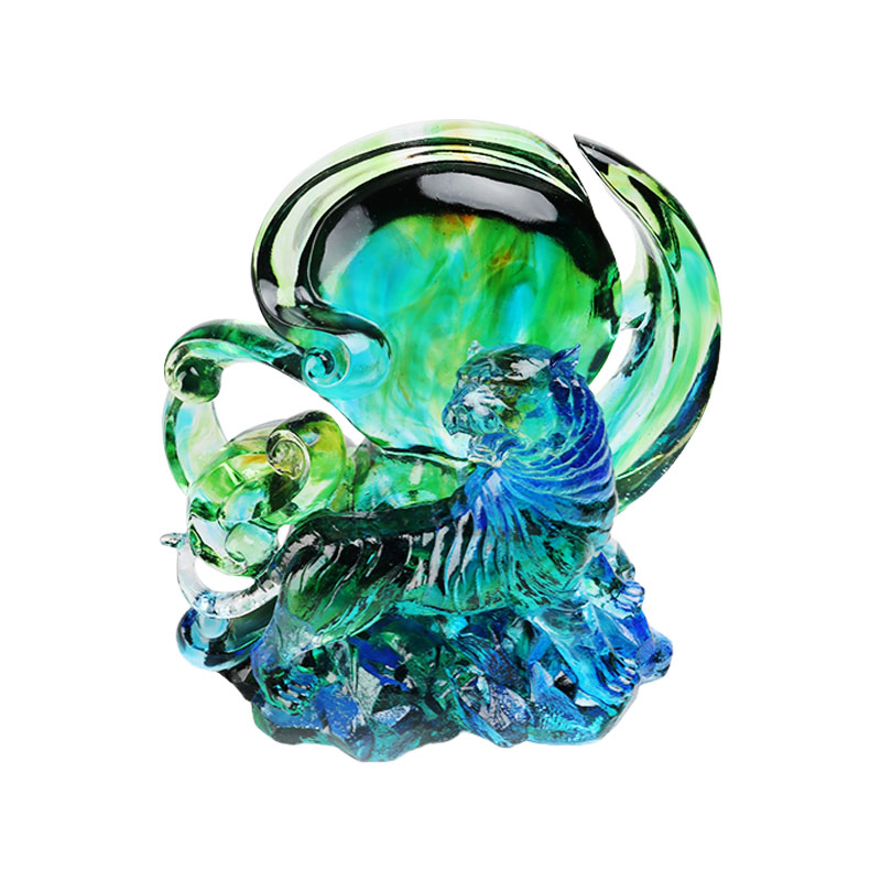 Mavi-yeşil şeffaf kristal cam kaplan süsleri