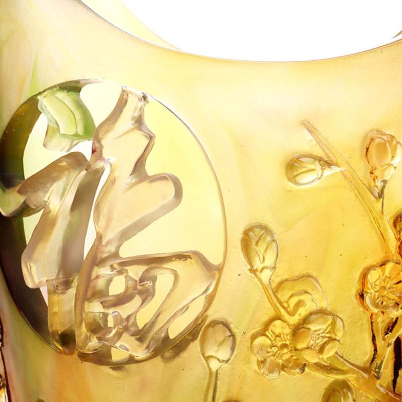 Ev Dekorasyonu Erik Çiçeği Oymalı Tasarım Amber Cam Vazo