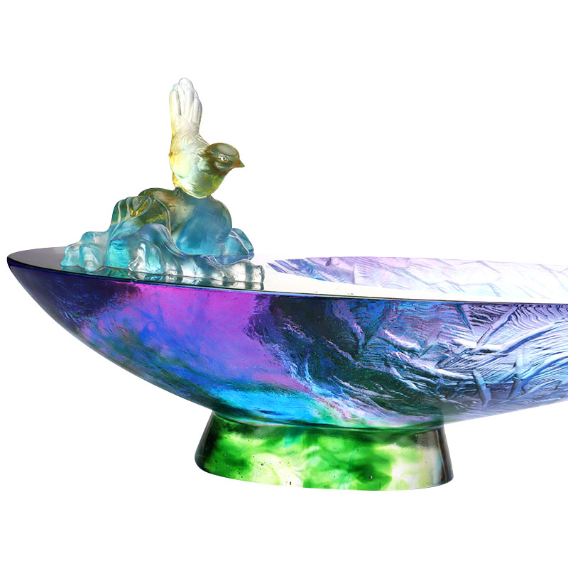 Kuş süslemeli kristal cam meyve kasesi