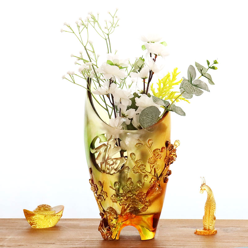 Ev Dekorasyonu Erik Çiçeği Oymalı Tasarım Amber Cam Vazo