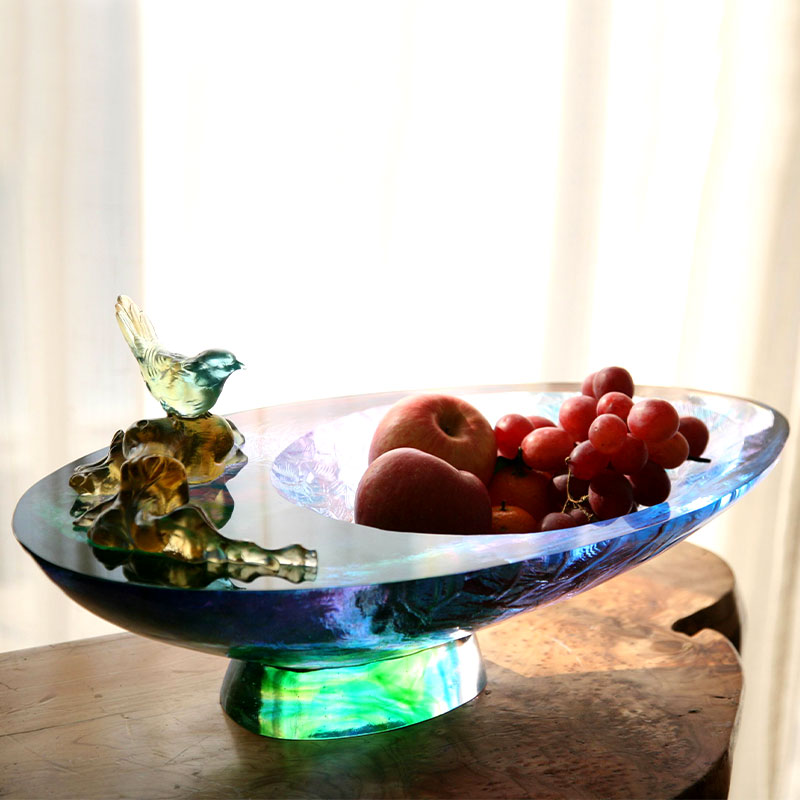 Kuş süslemeli kristal cam meyve kasesi