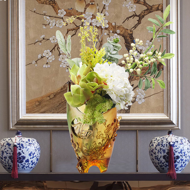 Ev Dekorasyonu Erik Çiçeği Oymalı Tasarım Amber Cam Vazo