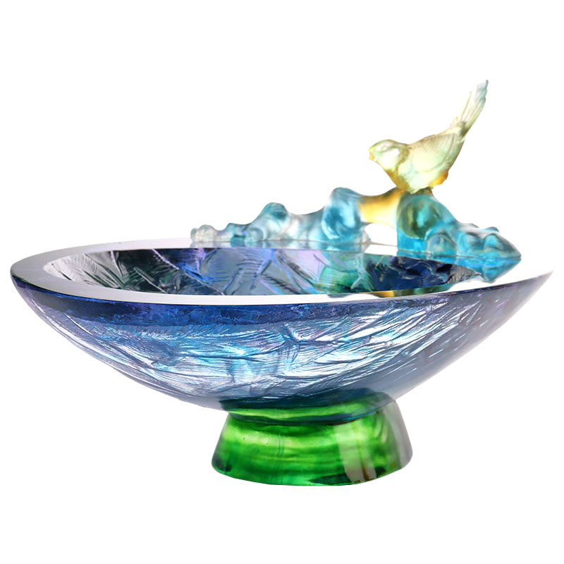 Kuş süslemeli kristal cam meyve kasesi