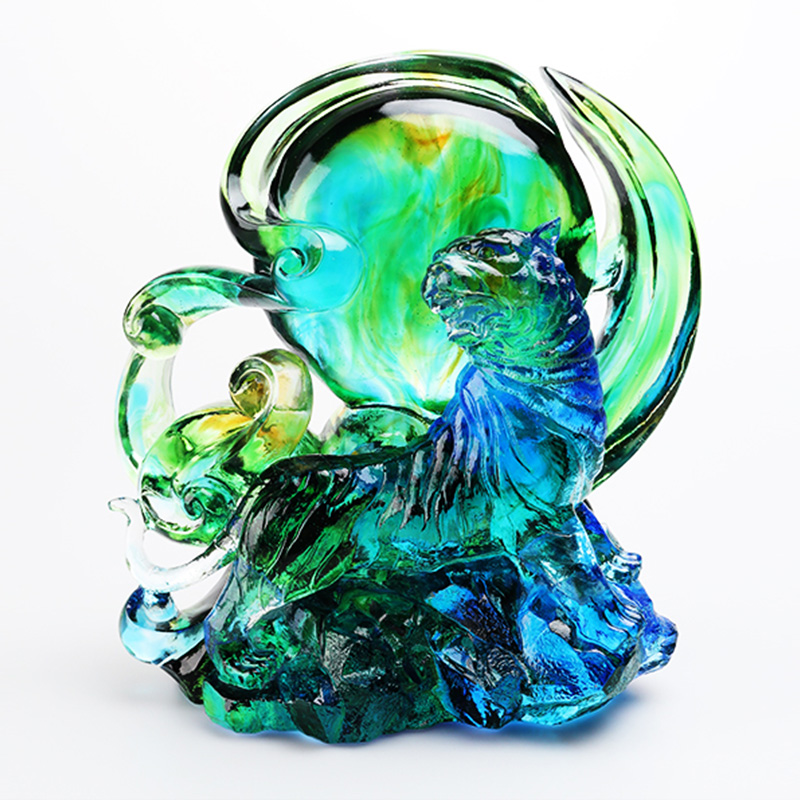 Mavi-yeşil şeffaf kristal cam kaplan süsleri